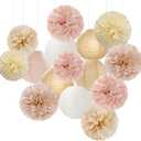 Champagne-Gold White Party-Decorations Paper-Flowers Lanterns - 15PCS Boho Fall Rustic Tissue Pom Poms Streamers,Wedding Baby Bridal Shower Neutral Autumn Birthday Hanging Supplies Decor Hugfond