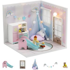 Kisoy Dollhouse Miniature with Furniture Kit, DIY 3D Wooden DIY House Kit A Corner of a Small Apartment Style with Dust Cover & LED,Handmade Tiny House Toys for Kids Adults Gift (Toy Room)