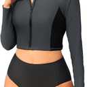 Pinup Fashion Long Sleeve Rash Guard - 2 Piece Swimsuit Bathing Suits with Bottom Swim Top UV UPF 50+ (Medium, Grey Black)
