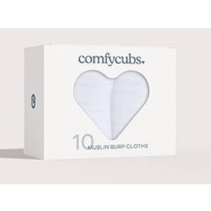 Comfy Cubs Muslin Burp Cloths 20" x 10", Pack of 10 - Large, 6-Layer, Ultra Absorbent 100% Cotton for Baby Drool and Messes - Soft, Safe & Gentle Baby Burp Cloths for Boys & Girls - White