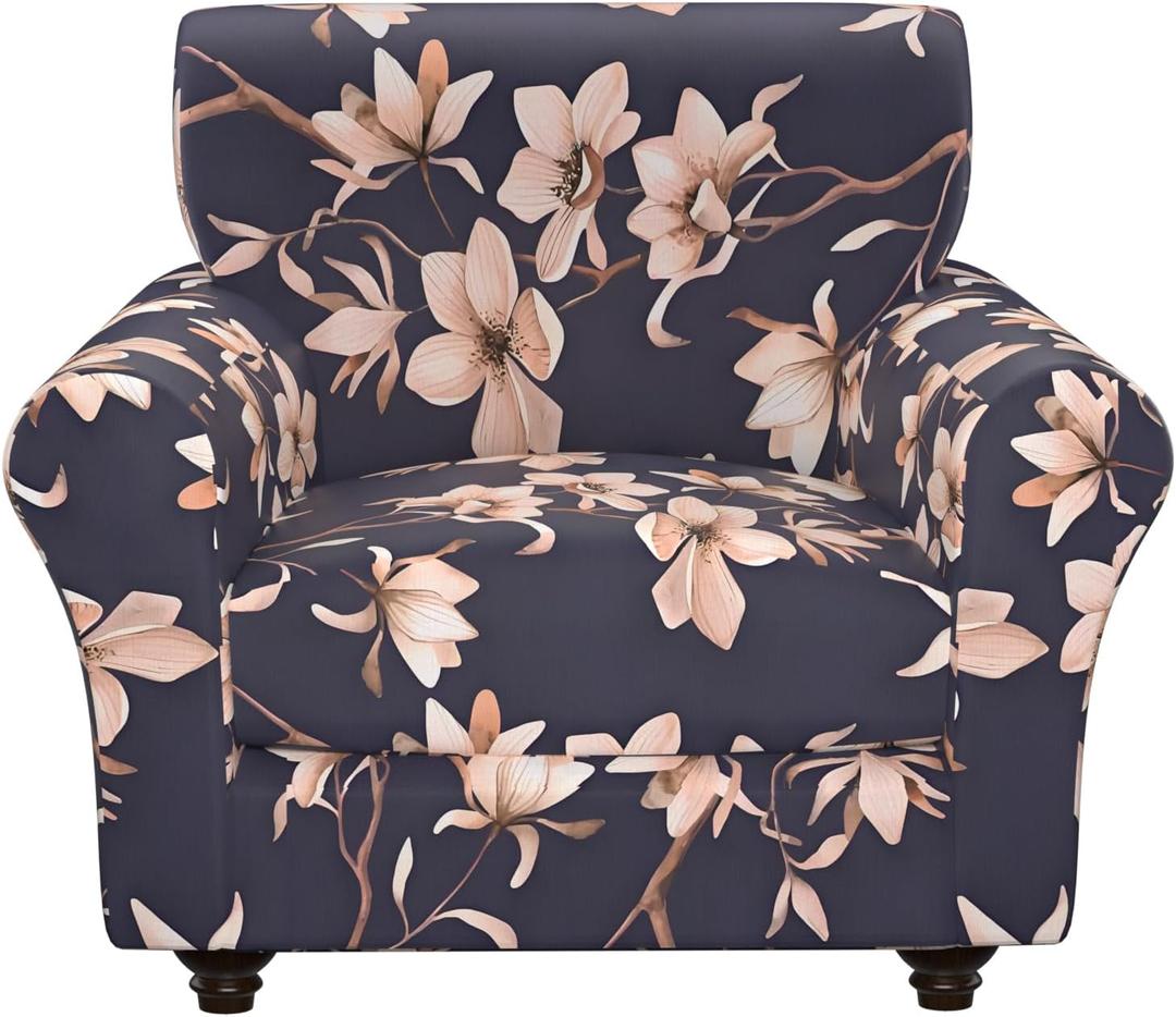 2 Piece Stretch Chair Covers Armchair Couch Covers,Floral Pattern Armchair Sofa Slipcover with Separate Chair Cushion Cover,Washable Furniture Protector for Living Room, Size: Armchair (Navy Blue)