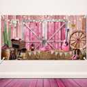 Moukeren 7 x 5 ft Large Western Party Backdrop Cowgirl Party Decorations Pink Wild West Background Decor Wooden House Barn Photo Banner Photoshoot Birthday Bridal Shower Wedding Supplies