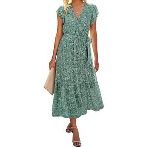 BTFBM Women Summer Bohemian Floral Casual Wrap V Neck Ruffle Cap Sleeveless Belt A-Line Pleated Hem Swing Midi Sun Dress (Dark Green, l)
