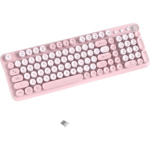 Wireless Bluetooth Keyboard - Full Size Retro Round Typewriter Style Wireless Keyboard with 2.4GHz & Bluetooth Dual-Mode Compatibility for PC, Laptop, Windows, Mac, and More (Pink)