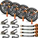 4 Pack Car Tie Down Straps for Trailers with Heavy Duty Chain Anchors 2" x 96" - 3,300 lbs Safe Working Load -Adjustable Wheel Straps with Chain Hook Anchors for Trailers.Orange