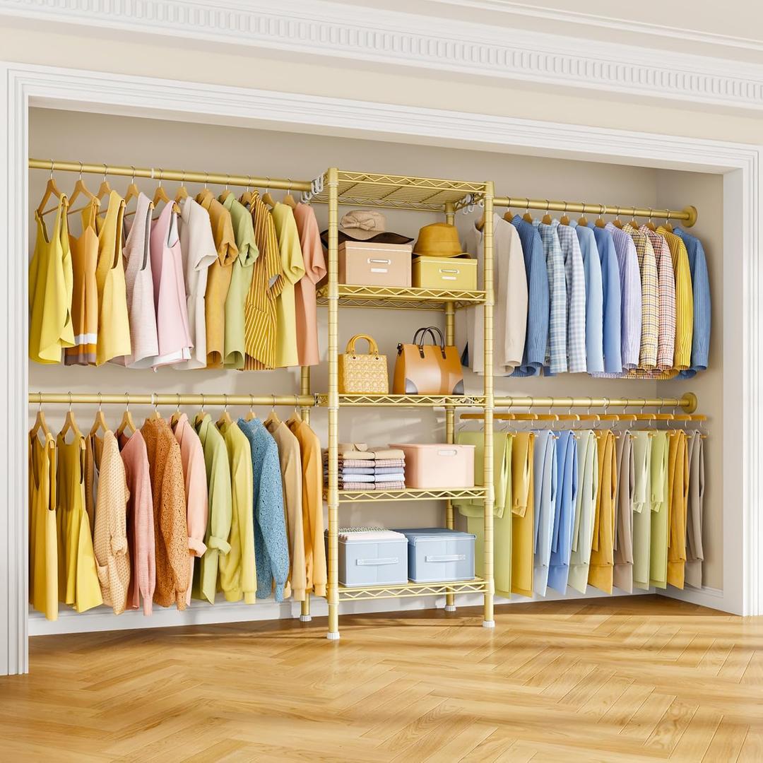 Ulif M2 Wall-Mounted Clothes Rack, Metal Closet System with 4 Expandable Hanger Rods and 5 Metal Shelves, Mount-on-Wall Clothing Storage Organizer in (70.8-102.3)" L x 14.5" D x 71.2" H, Gold