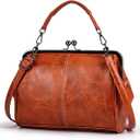 Women Vintage Hollow Handbag Oil Leather Shoulder Crossbody Bag Clutch Satchel Purse with Kiss Lock Closure
