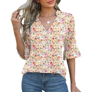 Rapbin Womens 3/4 Length Sleeve Blouses Ruffle Cuffs V Neck Button Down Shirts Dressy Flowy Tunic Tops (Small, White Red Floral)