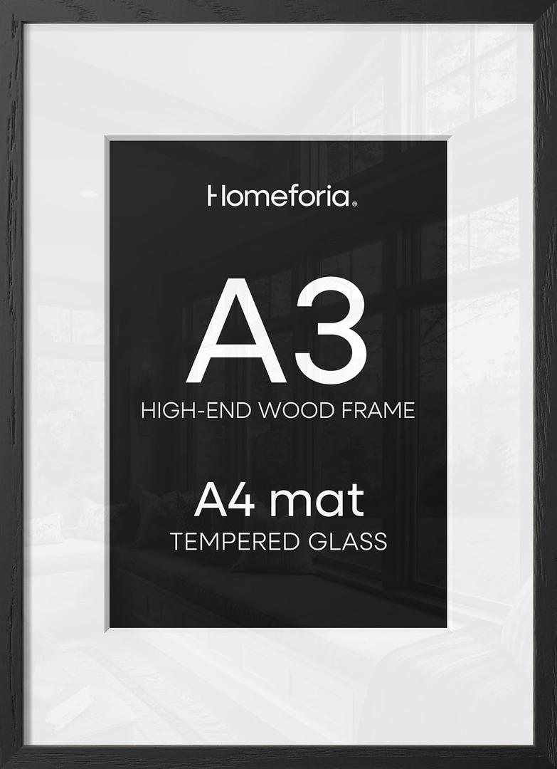 Homeforia A3 Picture Frame Black Wood, High-End Oak 11.7 x 16.5 Black Poster Frames Matted to 8.3 by 11.7 Photo, 11.7x16.5 Size Wooden Frame with Mat 8.3x11.7 Print, Tempered Glass, Wall Kit, Set of 1