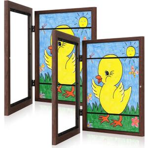 [2Pack] Kids Art Frames, 9x12 Front Opening Kids Artwork Frames Changeable, Brown Artwork Display Storage Frame for Wall, Holds 50 Pcs, for 3D Picture, Crafts, Children Drawing, Hanging Art, Portfolio