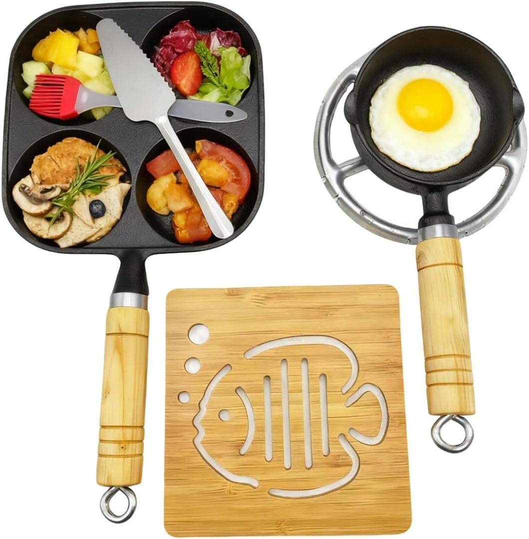 2-Piece Cast Iron Egg Skillet Set - Camping Cookware with Heat-Resistant Wooden Handles, Non-Stick 4-Compartment Pan & Small Single-Skillet for Home & Outdoor Use