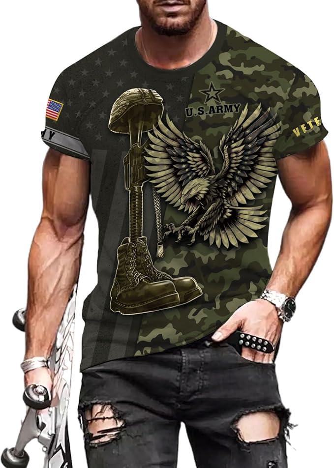 Veteran Army T-Shirt US Military Pride American Flag Vintage Jersey, Army Shirts for Men Memorial Day Idea, Medium