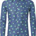 Arvilhill Mens St Patrick's Button Shamrock Clover Printed Long Sleeve Shirt (S-3XL) (Blue, XXXL)