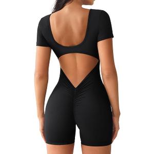 Women Short Jumpsuit Backless Scrunch Butt Workout Rompers V Back Yoga One Piece Unitards Sleeveless Gym Bodycon, Small 