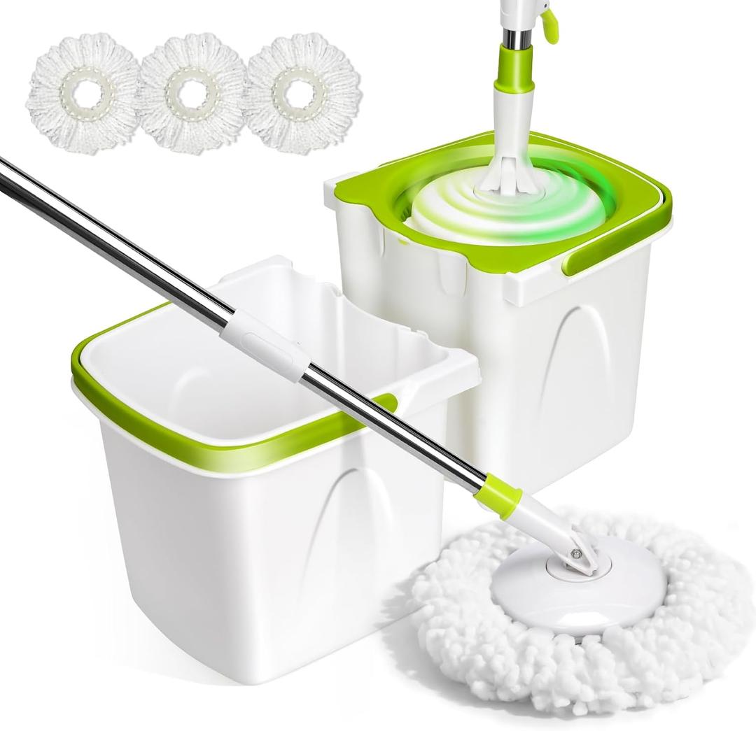 Masthome Small Spin Mop,Mop and Bucket Set,Microfiber Spin Mop with Bucket Detachable |Easy to Store|Adjustable Stainless Handle|3 Microfiber Heads|Mop and Bucket with Wringer Set for Home