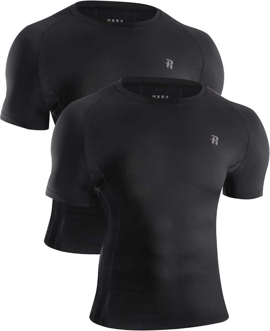 Runhit Men's Compression Shirts Short Sleeve Athletic T Shirt Cool Dry Workout Tops Sports Base Layer Undershirt (XX-Large, Black+Black)