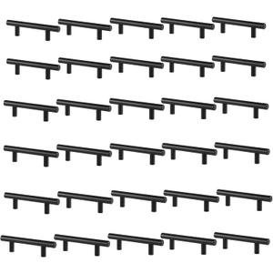 30 Pack Black Cabinet Pulls, 3 Inch Hole Centers Stainless Steel Round T-Bar Handles, 5" Overall Length Kitchen Drawer Pulls Hardware for Cupboard Wardrobe Closet Nightstand