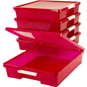 Storex Classroom Craft Project Box  Stacking Plastic Organizer Fits 12x12 Scrapbooking Paper, Red, 5-Pack (63204U05C)
