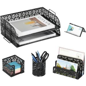 EasyPAG Desk Organizers and Accessories 5 Pieces Office Supplies Set - 2 Tier Paper Tray, Pencil Organizer for Desk, Mail Sorter Countertop, Business Card Holder and Sticky Note Holder, Black