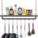 MyGift Ceiling or Wall Mounted Pot Rack with Shelf, Industrial Black Pipe and Gray Wood Hanging Cookware Utensil Organizer with 8 S-Hooks