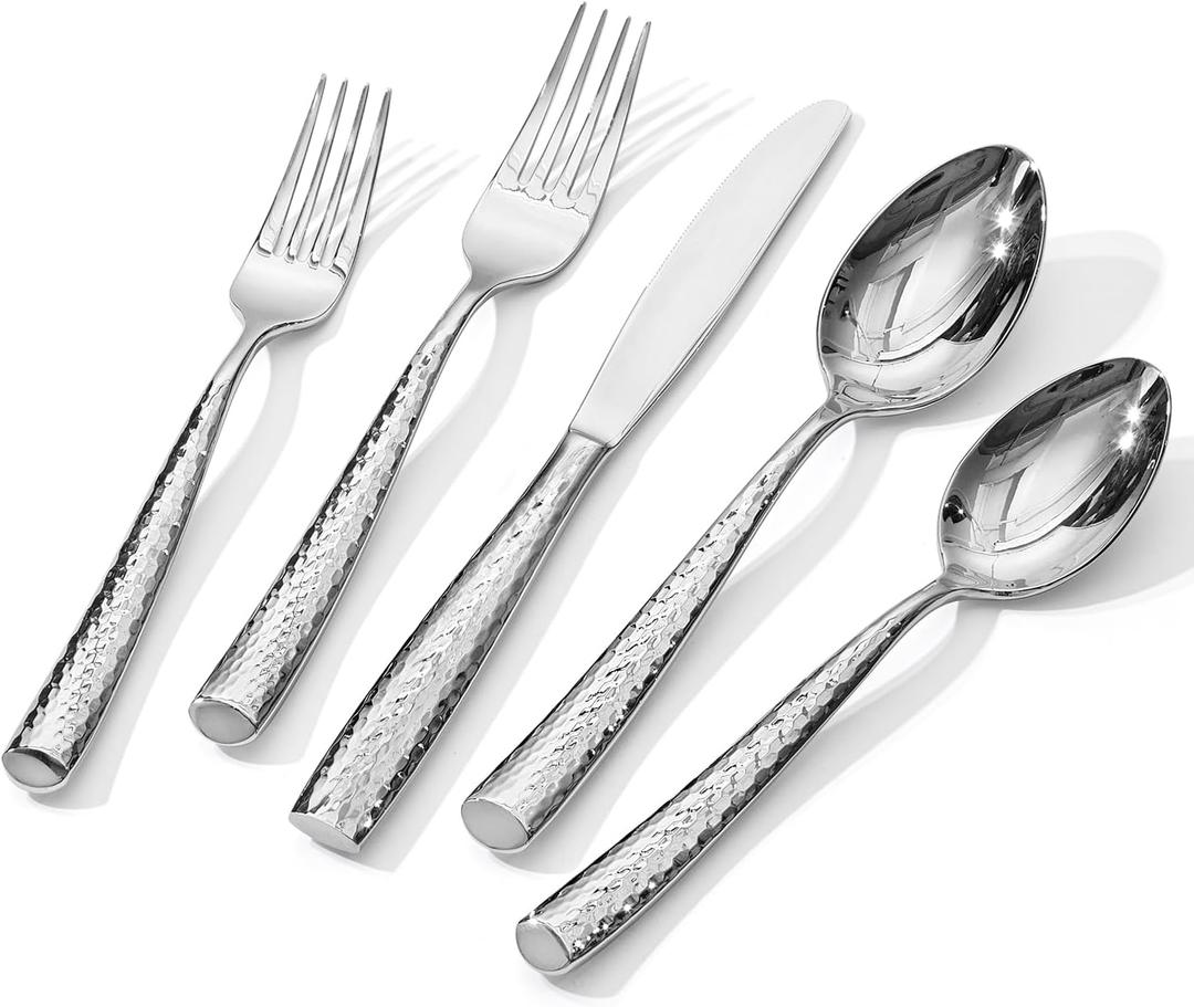 Kingstone Hammered Silverware Set, 40-Piece Flatware Set for 8, 18/10 Stainless Steel Heavy Duty Cutlery Set, Mirror Polished Utensil Sets for Home, Restaurant, Wedding, Dishwasher Safe (Sliver)