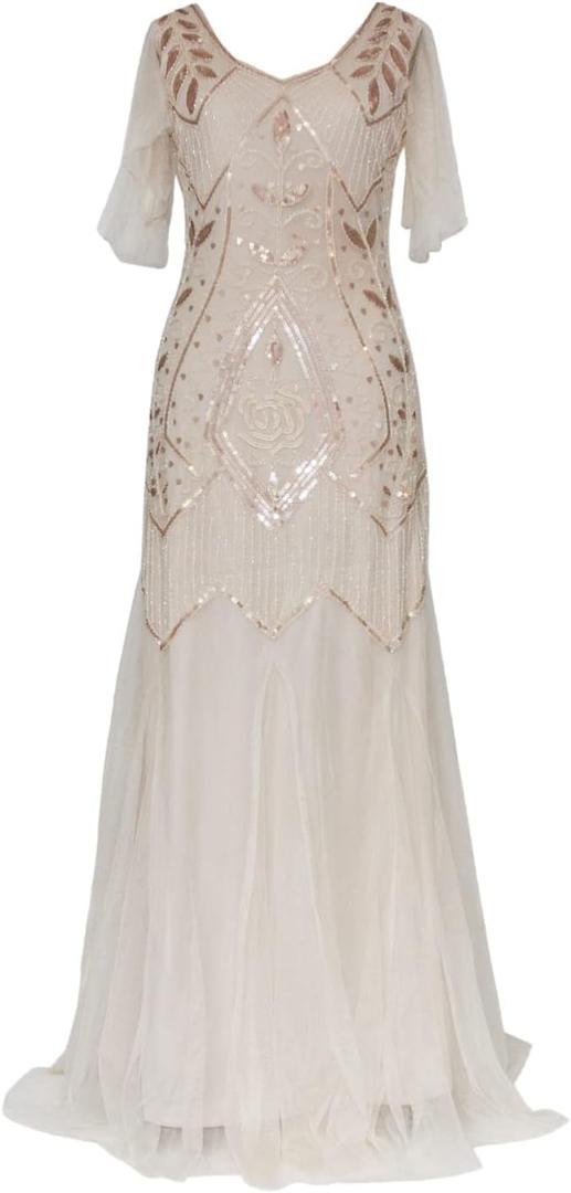 1920s Art Deco Sequin Maxi Dress, Vintage Flapper Gatsby Style, V-Neck with Tulle Sleeves, Long Evening Formal Gown (Medium, Champagne Gold)