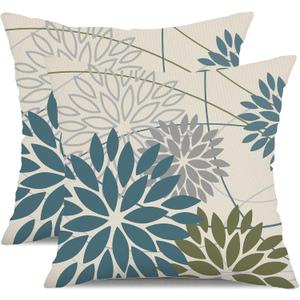 Blue Army Green Outdoor Pillow Covers Set of 2 18X18 Inch Teal Floral Elegant Polyester Flower Pillow Case Outdoor Waterproof Decor for Patio Funiture Garden Linen Cushion Covers 01C18