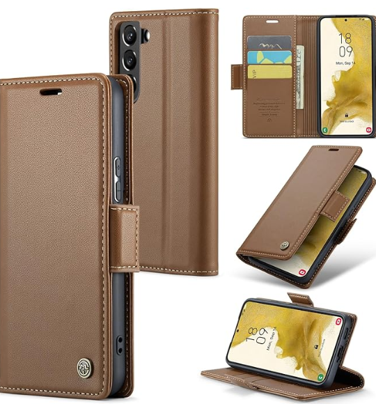 Case for Samsung Galaxy S22 Wallet Case, RFID Blocking PU Leather Flip Folio Cover Card Holder Kickstand Shockproof Phone Case Compatible with Samsung Galaxy S22, Brown