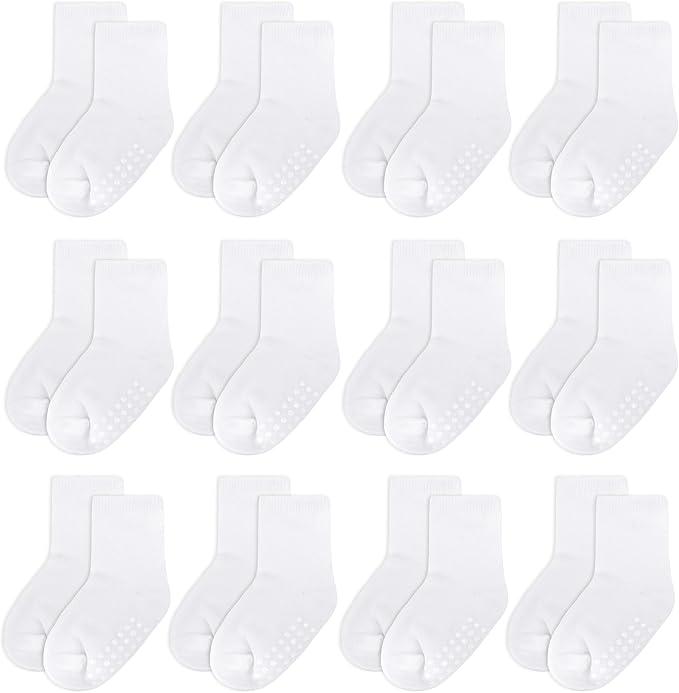 jealkip 12 Pack Baby Socks and Toddler Socks,Soft Cotton Crew Socks with Non-Slip Grips for Infants,Boys and Girls,2-4T,(White)