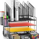 Marbrasse Desk Organizer with Drawer, 4-Tier Mesh File Organizer with 5 Vertical File Holders and 2 Pen Holders, Multifunction Desktop Organizer,Desk Organizers and Accessories for Home Office (Black)