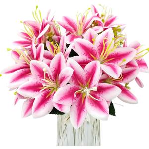 4 Bundles Artificial Tiger Lily Silk Flowers Faux Fake Lilies Plants for Wedding Bouquet Home Party Indoor Table Hotel Office Vases Floral Arrangements Outdoor Garden Decor (Rose Red)