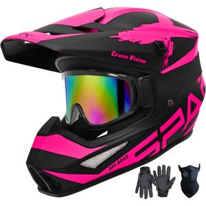 Motocross Helmet,Youth Adult ATV Dirt Bike Motorcycle Helmet,BMX 4-Wheeler Off-Road Mountain Bike Helmet,DOT Certified,W/Gloves Goggles Mask 4-Piece Set (X Pink, Small)