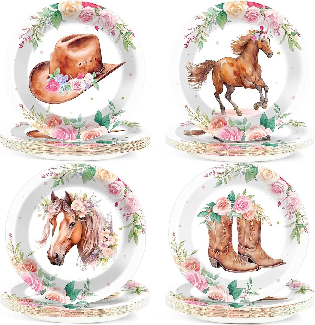CHUNNIN 48 PCS Horse Birthday Party Paper Plates Pink Floral Western Horse Birthday Party Decorations for Girls Disposable Dessert Plates for Baby Shower Bachelor Decorations