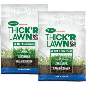 Scotts Turf Builder Thick'R Lawn Sun and Shade, Combination Seed, Fertilizer and Soil Improver, Thickens Thin Grass, 12 lbs., 2-Pack