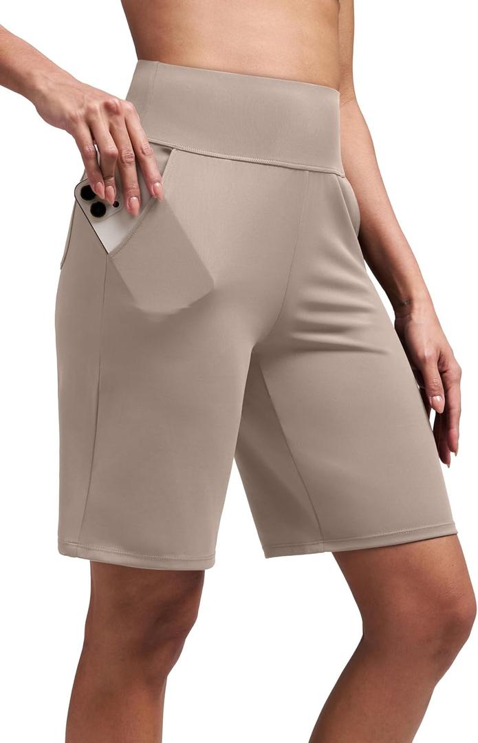 Alaroo Women's Bermuda Long Shorts with Pockets High-Waisted Knee Length Biker Athletic Running Yoga Workout Gym, XL