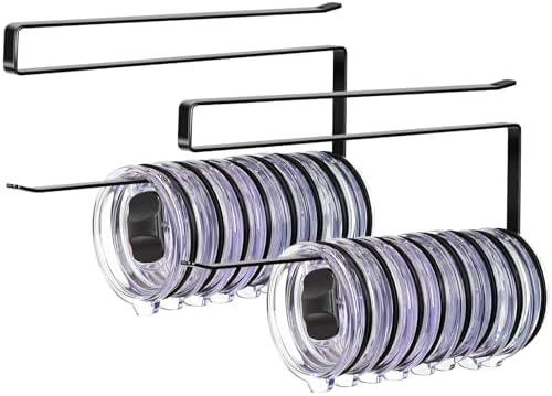 2 Pack Tumbler Lid Organizer, Horizontal Tumbler Lid Storage Hook to Hold Up 20 Lids, Space Saving Cup Lid Holders Under Cabinet Tumbler Lid Hook for Kitchen Organizer, Paper Towel Rack Hanger (Black)