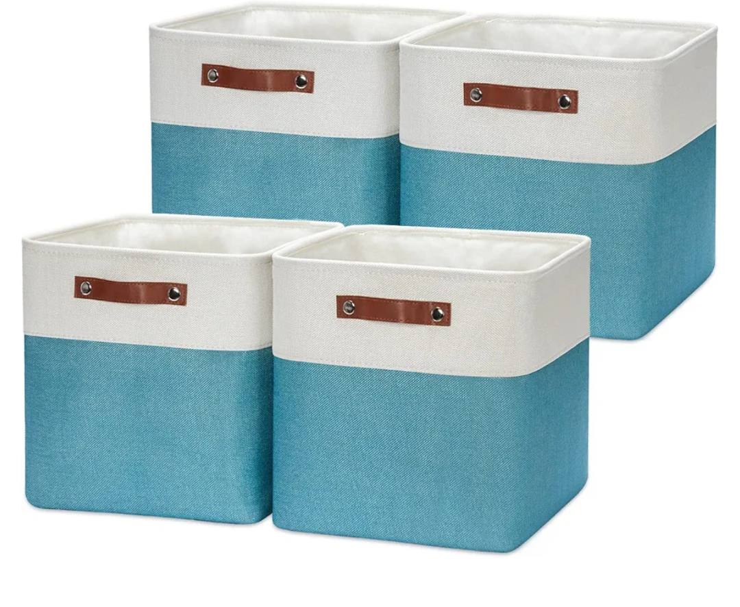 HNZIGE Cube Storage Basket(4 Pack) Collapsible Baskets for Shelves, Dog Toys, Books, 12x12 Fabric Storage Cube Bins Set for Room, Office, Closet (White & Teal)