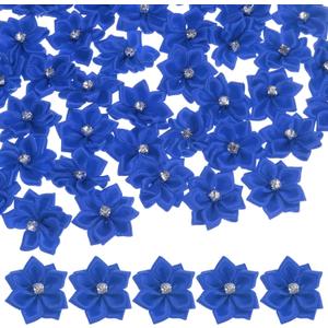 200-Pack Satin Ribbon Flowers, 1.2 Inch Mini Fabric Flowers with Rhinestones Flower Ribbon Appliques for Crafts DIY/Wedding/Ornament/Party/Home [Dark Blue]