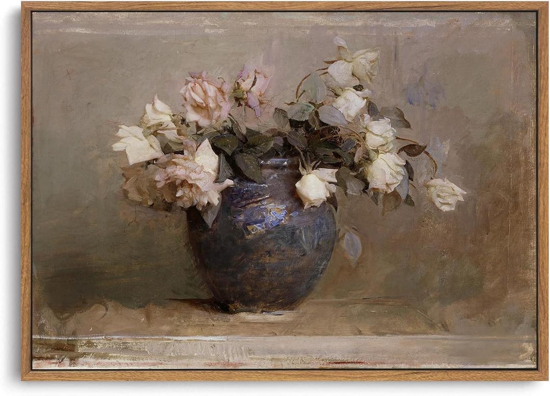 OIQArtOIQ Vintage Landscape Canvas Wall Art Framed Natural Scenery Painting Artwork Prints France Country Wilderness Farmhouse Decor Pictures Kitchen Bedroom Living Room Bathroom (16x24 in, White rose)