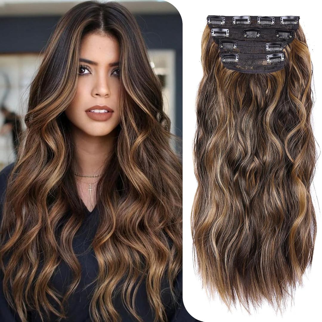 4PCS Clip in Hair Extensions for Women Dark Brown Highlighted Caramel Blonde 20 Inch Long Wavy Synthetic Hair Extensions Clip Ins Thick Natural & Soft for Daily Use
