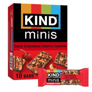 KIND Mini Snack Bars, Dark Chocolate Cherry Cashew, Gluten Free, Low Sugar, Low Calorie Snacks, 10 Count (EXP 06/19/27)