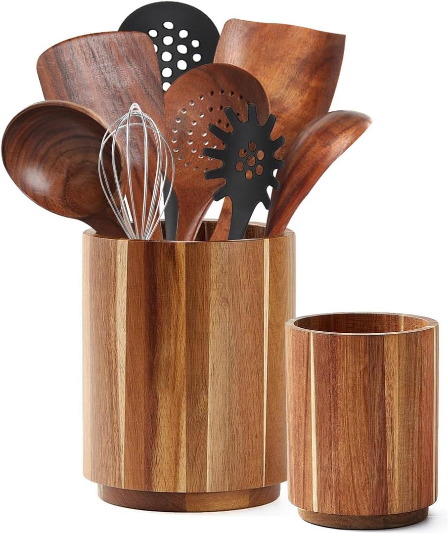 Acacia Wood Utensil Holder for Kitchen Counter, 360 Rotating 7.3"+5.7" Large Cooking Utensil Holder,Kitchen Utensil Crock for Countertop,Farmhouse Kitchen Decor,Spatula Holder Set of 2