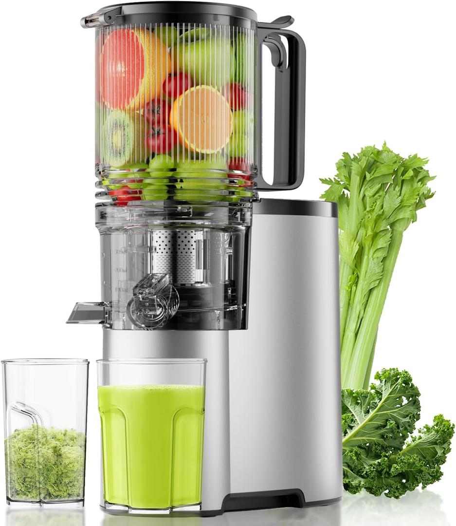 Cold Press Juicer, 5.8" Wide Feed Chute Juice Extractor Machine with 400W, High Juice Yield, Slow Masticating Juicer for Whole Vegetables & Fruits, Premium Silver (Premium Grey)