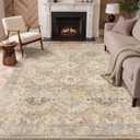8x10 Area Rug Washable Rug for Living Room Bedroom Non Slip Carpet Yellow | Vintage Print Carpet, Low Pile Lightweight Rugs with Non Slip Backing for Home Office Dining Room