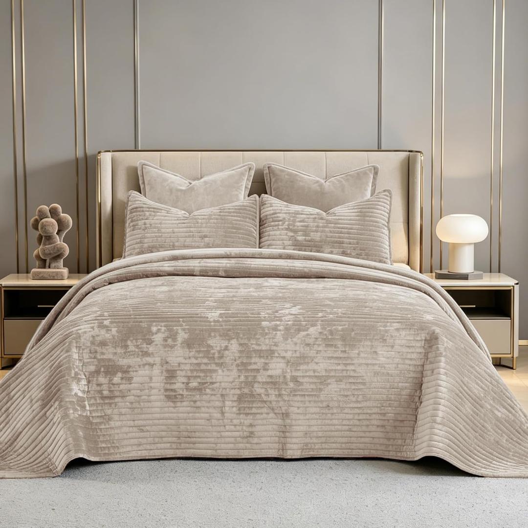 Quilt Set Oversized King Size 120x120 Luxurious Velvet Bedding Sets with 2 Pillow Shams 20x36 3 Pieces Ultra Soft Quilted Striped Bedspread Coverlet Comforter for All Season,Beige | for sensitive skin, no pilling, machine-washable, Pet Friendly, All Season