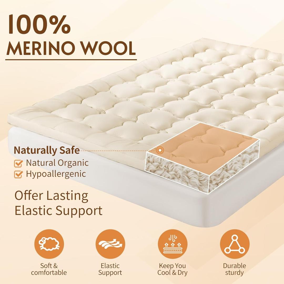 Luxury 100% Organic Wool Mattress Topper (Beige, Queen(60"x80"))