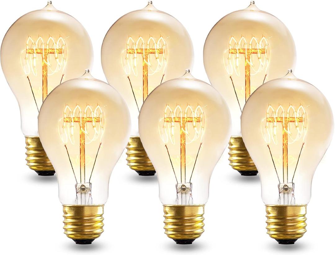 Incandescent Light Bulbs 40W, A19 Vintage Style Edison Light Bulb, 240 Lumen Dimmable 120V E26 Base Amber Glass Retro Bulb Old Fashioned, Squirrel Cage 2200K Warm Yellow Decorative Lamp, 6Pack