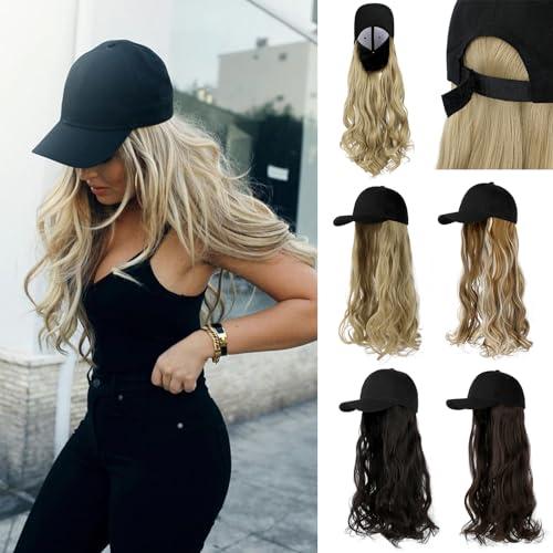 Cephermer Baseball Hat Wig,Hat with Hair attached 24'' Adjustable Black Cap with Long Wavy Synthetic Hair Extensions for Women Girls(Silver Gray)