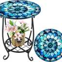 Outdoor Side Table Round Small Mosaic Patio Accent Indoor End Plant Metal Coffee Tea Table for Yard Porch Garden Patio Living Room, Bedroom(Mandala Flower Style,14 Inch)
