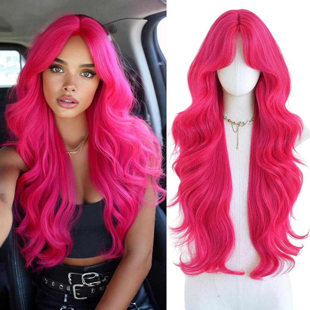 PARK YUN 31 Inch Long Wavy Hot Pink Wig for Women Heat Resistant Synthetic Hair Natural Look Cosplay Party Daily Use Fashion Colored Wig